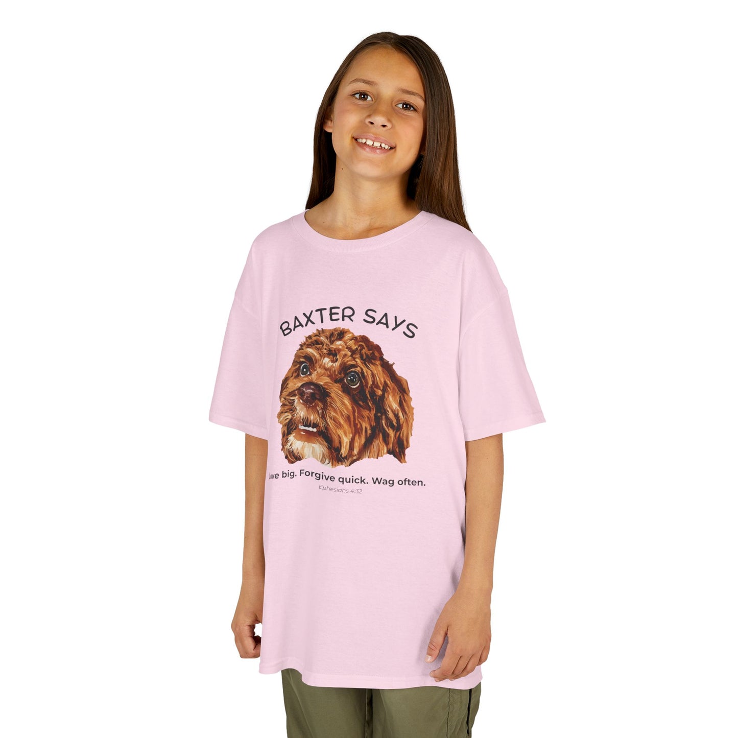 Baxter Says: Love Big, Forgive Quick, Wag Often – Kids Tee (Ephesians 4:32)
