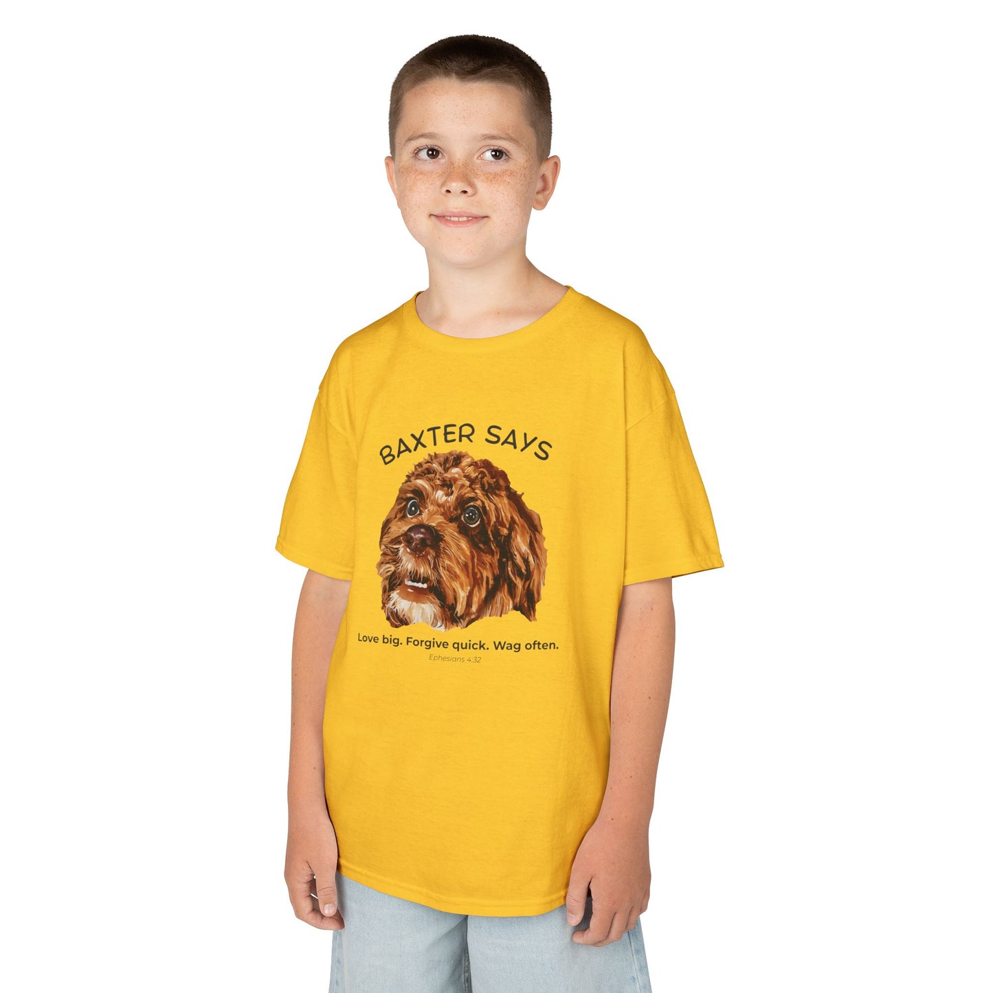 Baxter Says: Love Big, Forgive Quick, Wag Often – Kids Tee (Ephesians 4:32)