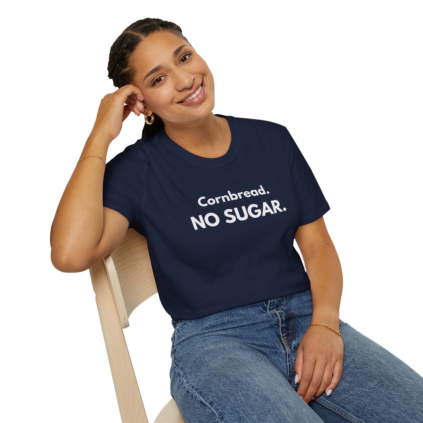 Cornbread No Sugar Navy T-Shirt | Funny Southern Saying Tee | Appalachian Humor Shirt | Gildan Softstyle 64000