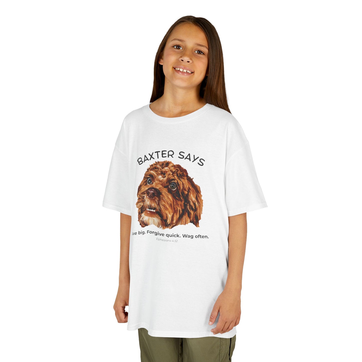 Baxter Says: Love Big, Forgive Quick, Wag Often – Kids Tee (Ephesians 4:32)