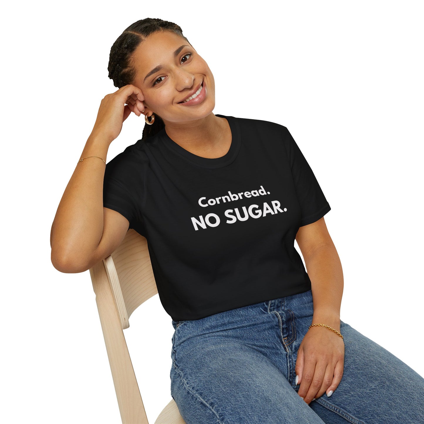 Cornbread No Sugar Navy T-Shirt | Funny Southern Saying Tee | Appalachian Humor Shirt | Gildan Softstyle 64000